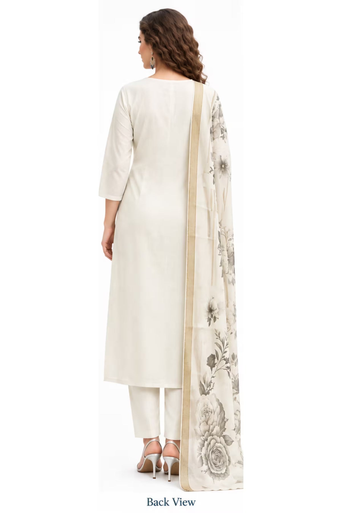 Back View - White Embroidered Vertican Silk Kurta Pant Dupatta Set for Women | Bavis Clothing