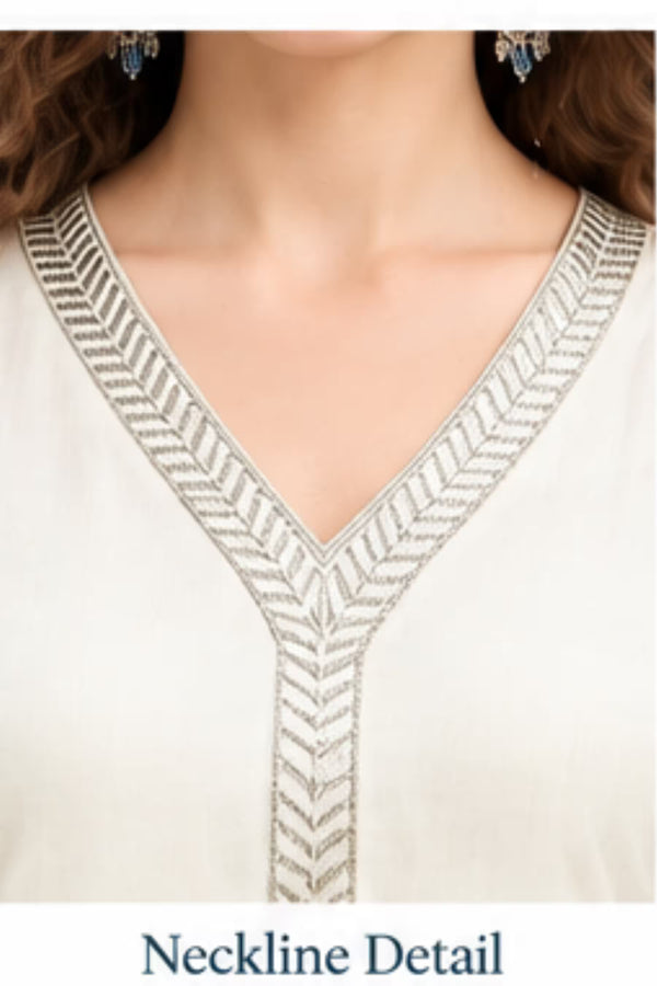 Neckline Detail - White Embroidered Vertican Silk Kurta Pant Dupatta Set for Women | Bavis Clothing