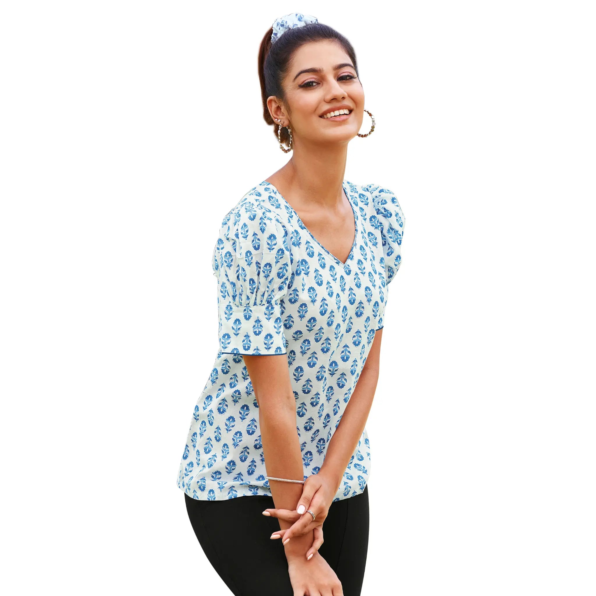 White Floral Butta V Neck Short Tops Main image