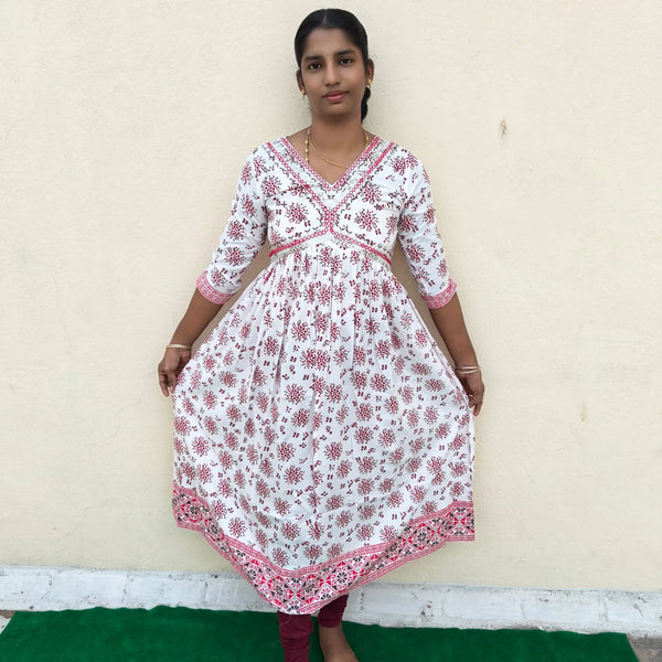 White with Maroon Printed Alaya Cut Kurti