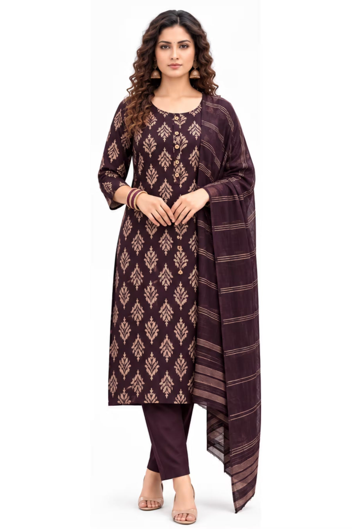Wine Leaf Print Kurta Pant Set with Striped Dupatta for Women | Bavis Clothing