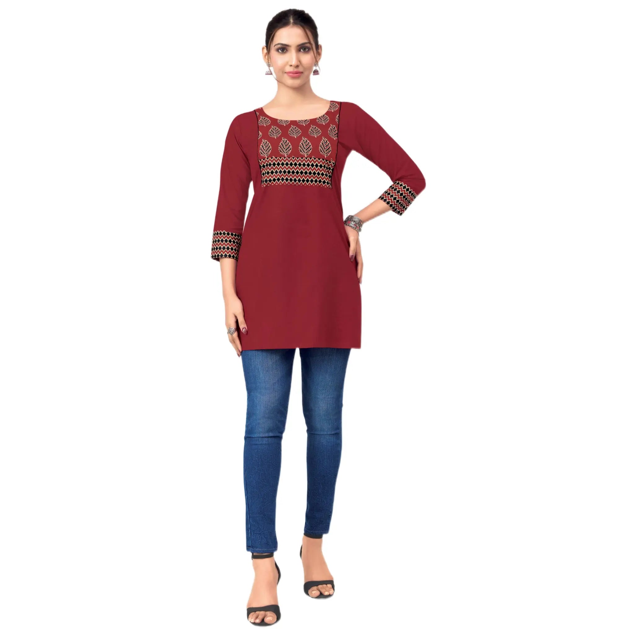 Wine Maroon Cotton Short Top with Leaf Motif Ethnic Print