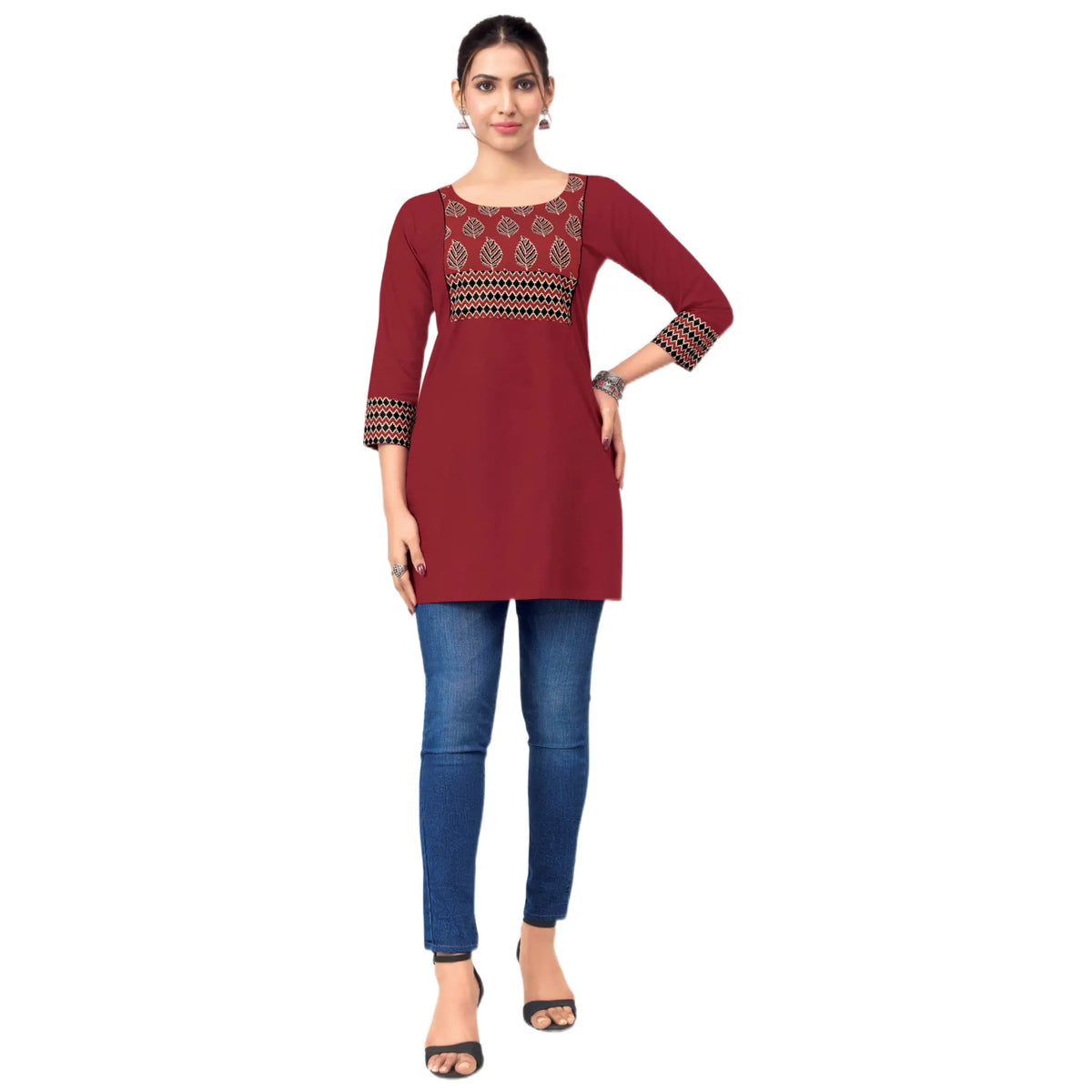 Wine Maroon Cotton Short Top with Leaf Motif Ethnic Print