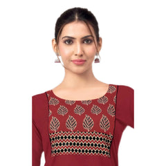 Wine Maroon Cotton Short Top with Leaf Motif Ethnic Print