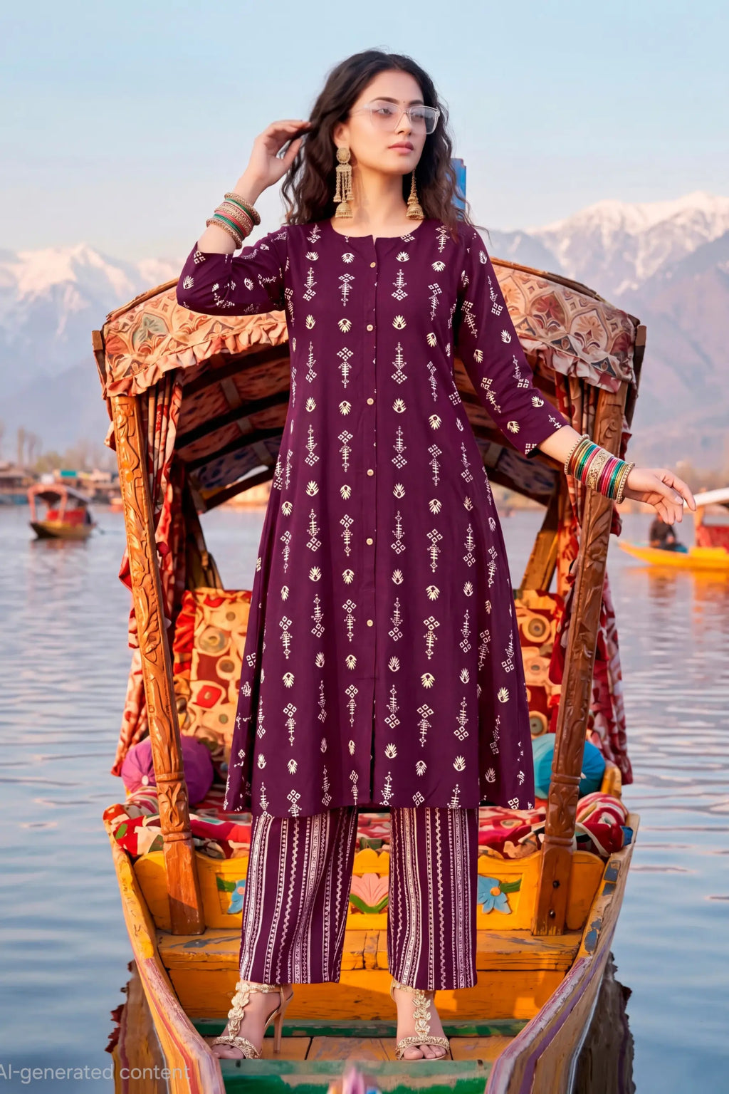 Wine Purple Heavy Rayon Printed Kurta Set with Striped Pants