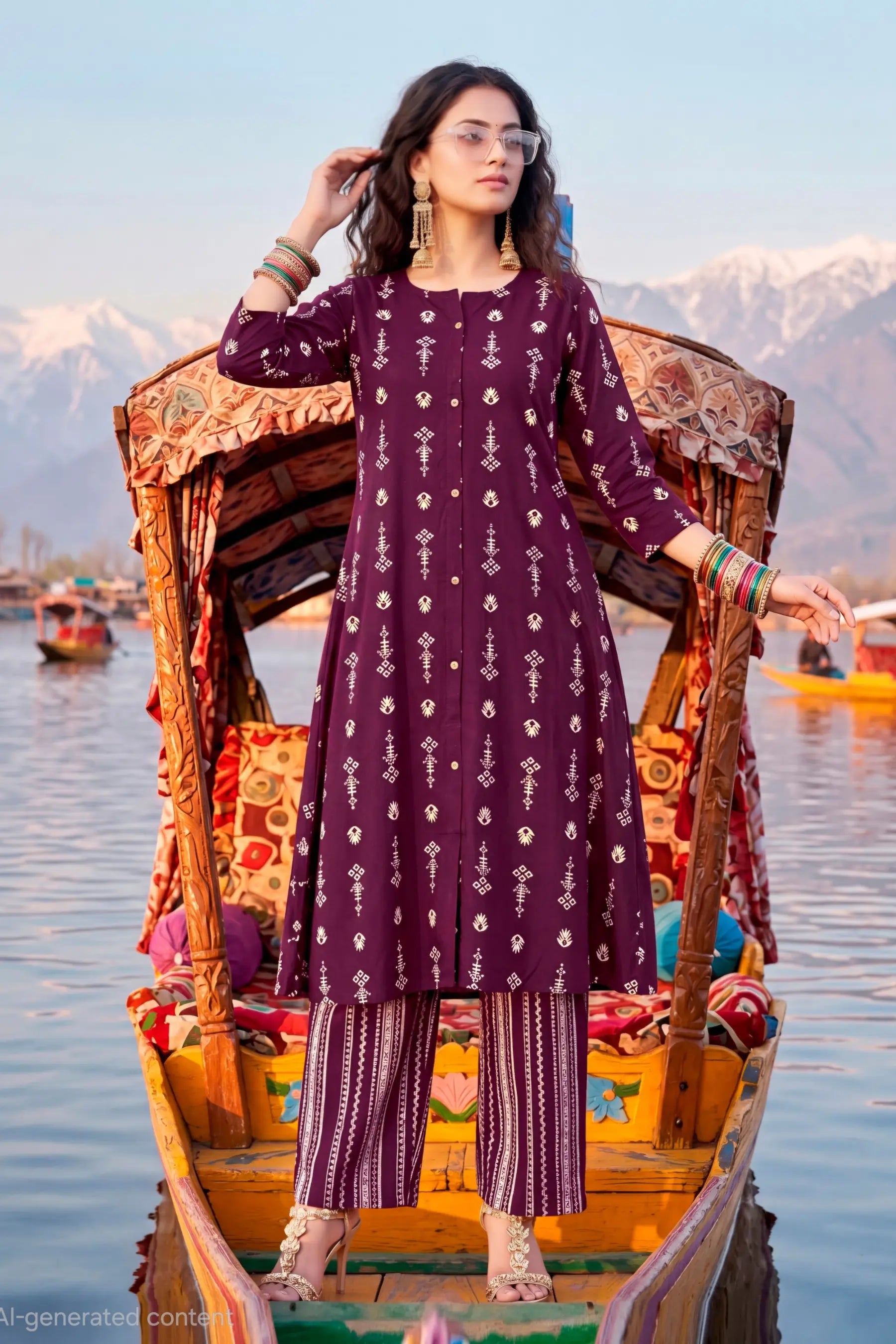 Wine Purple Heavy Rayon Printed Kurta Set with Striped Pants Main image