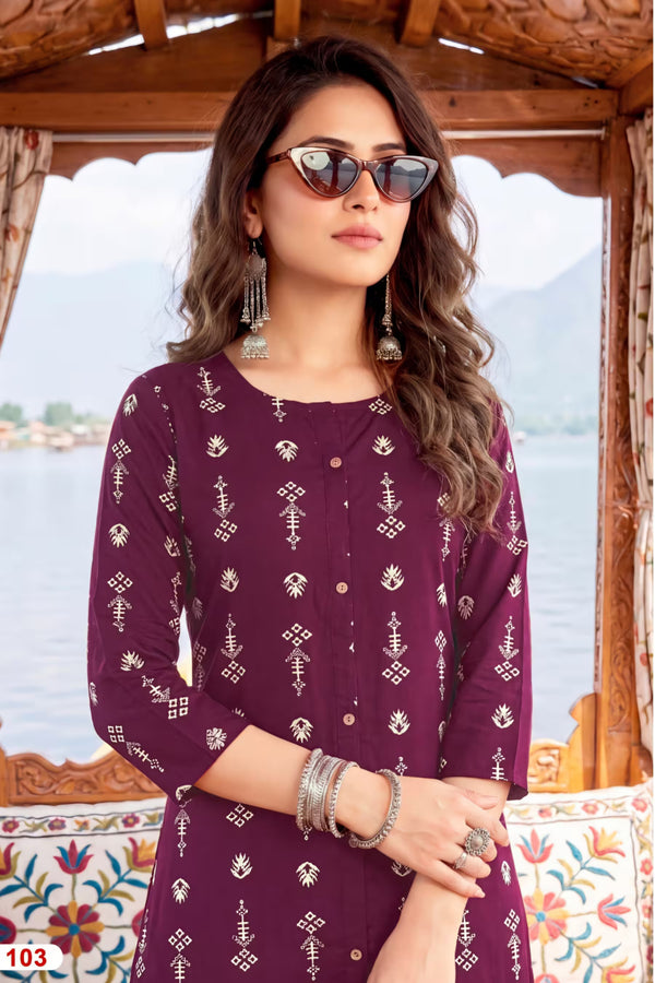 Wine Purple Heavy Rayon Printed Kurta Set with Striped Pants