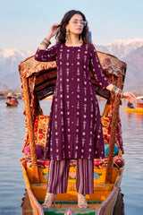 Wine Purple Heavy Rayon Printed Kurta Set with Striped Pants