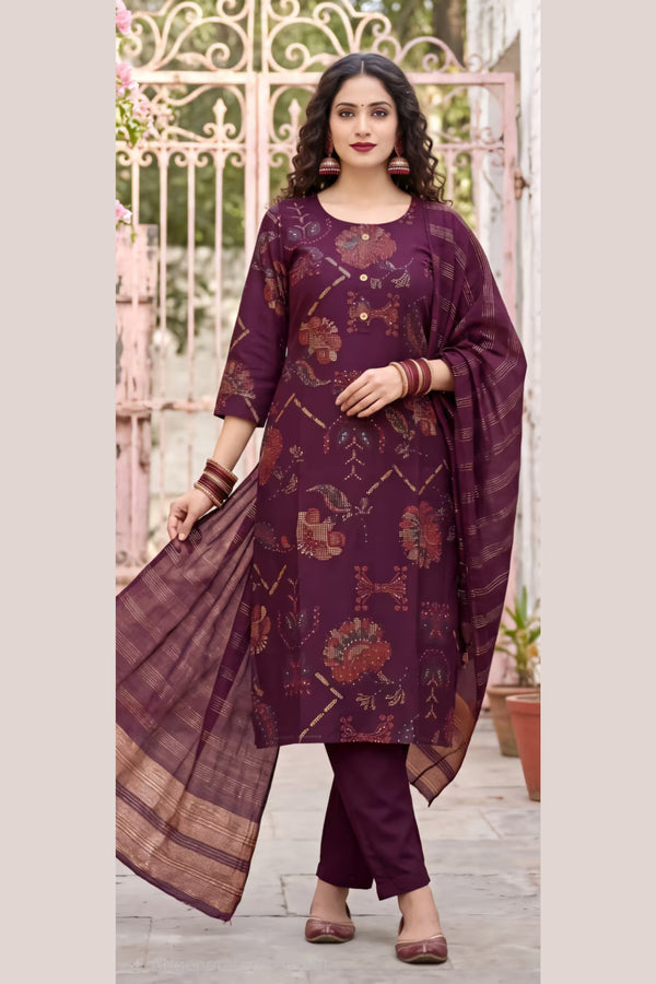 Wine Floral Printed Kurta Pant Set with Striped Dupatta for Women | Bavis Clothing
