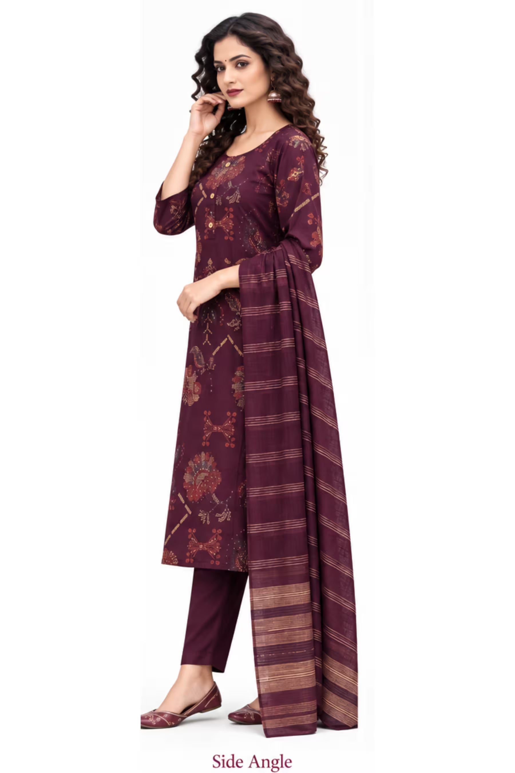 Wine Floral Printed Kurta Pant Set with Striped Dupatta for Women Secondary image