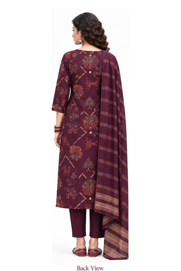 Back View - Wine Floral Printed Kurta Pant Set with Striped Dupatta for Women | Bavis Clothing