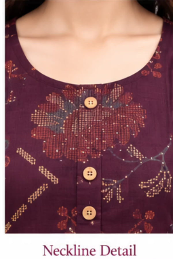 Neckline Detail - Wine Floral Printed Kurta Pant Set with Striped Dupatta for Women | Bavis Clothing