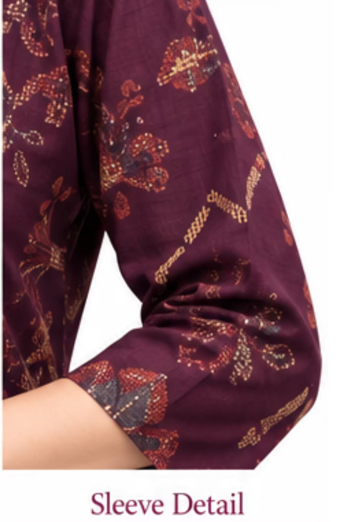 Sleeve Detail - Wine Floral Printed Kurta Pant Set with Striped Dupatta for Women | Bavis Clothing