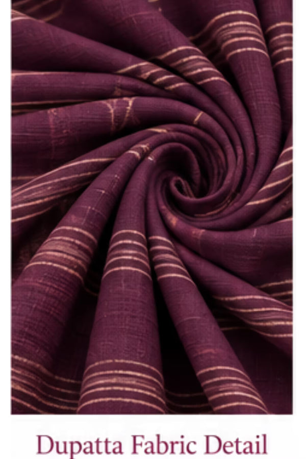 Dupatta Fabric Detail - Wine Floral Printed Kurta Pant Set with Striped Dupatta for Women | Bavis Clothing