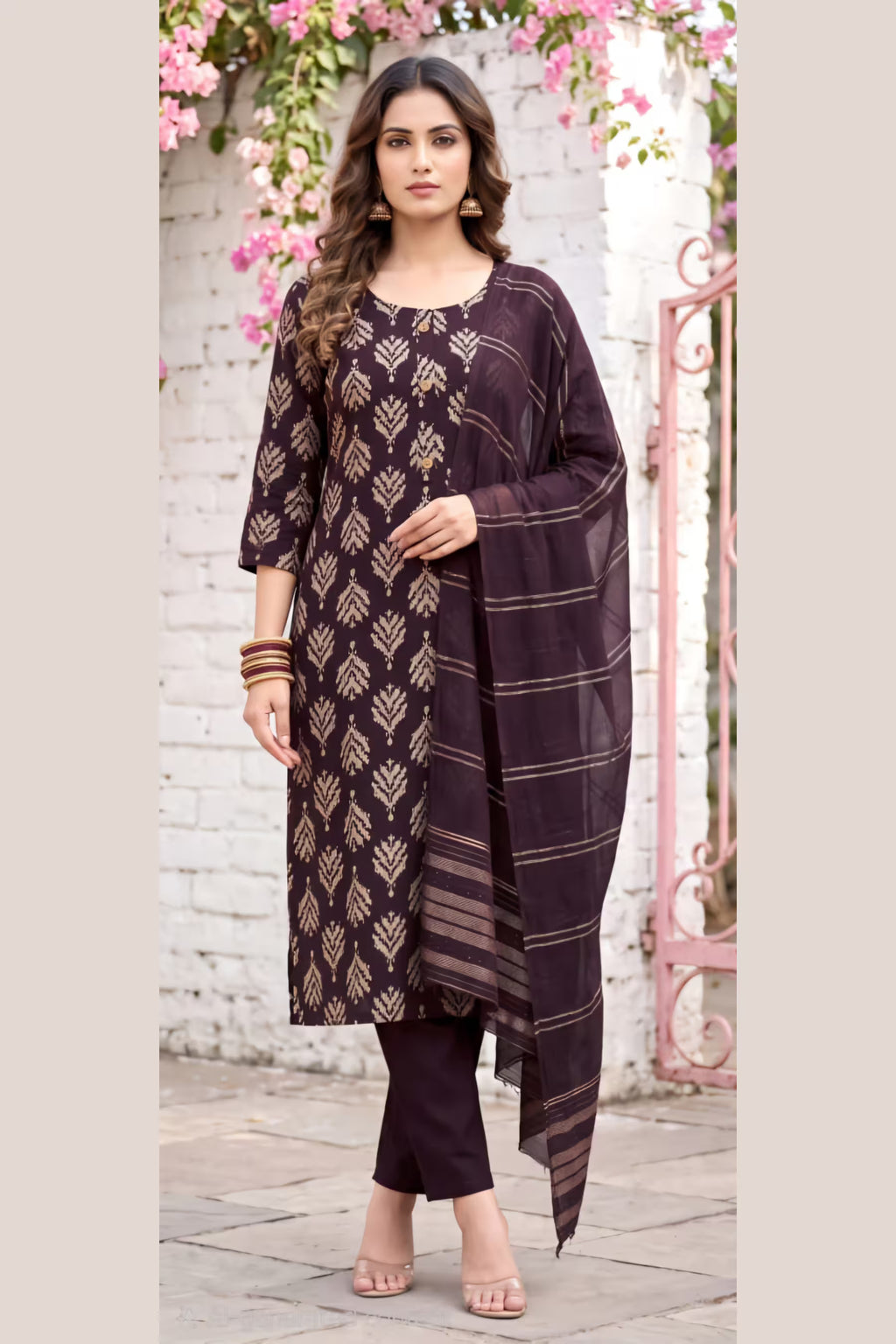 Wine Leaf Print Kurta Pant Set with Striped Dupatta for Women | Bavis Clothing