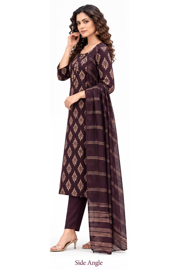 Side View - Wine Leaf Print Kurta Pant Set with Striped Dupatta for Women | Bavis Clothing