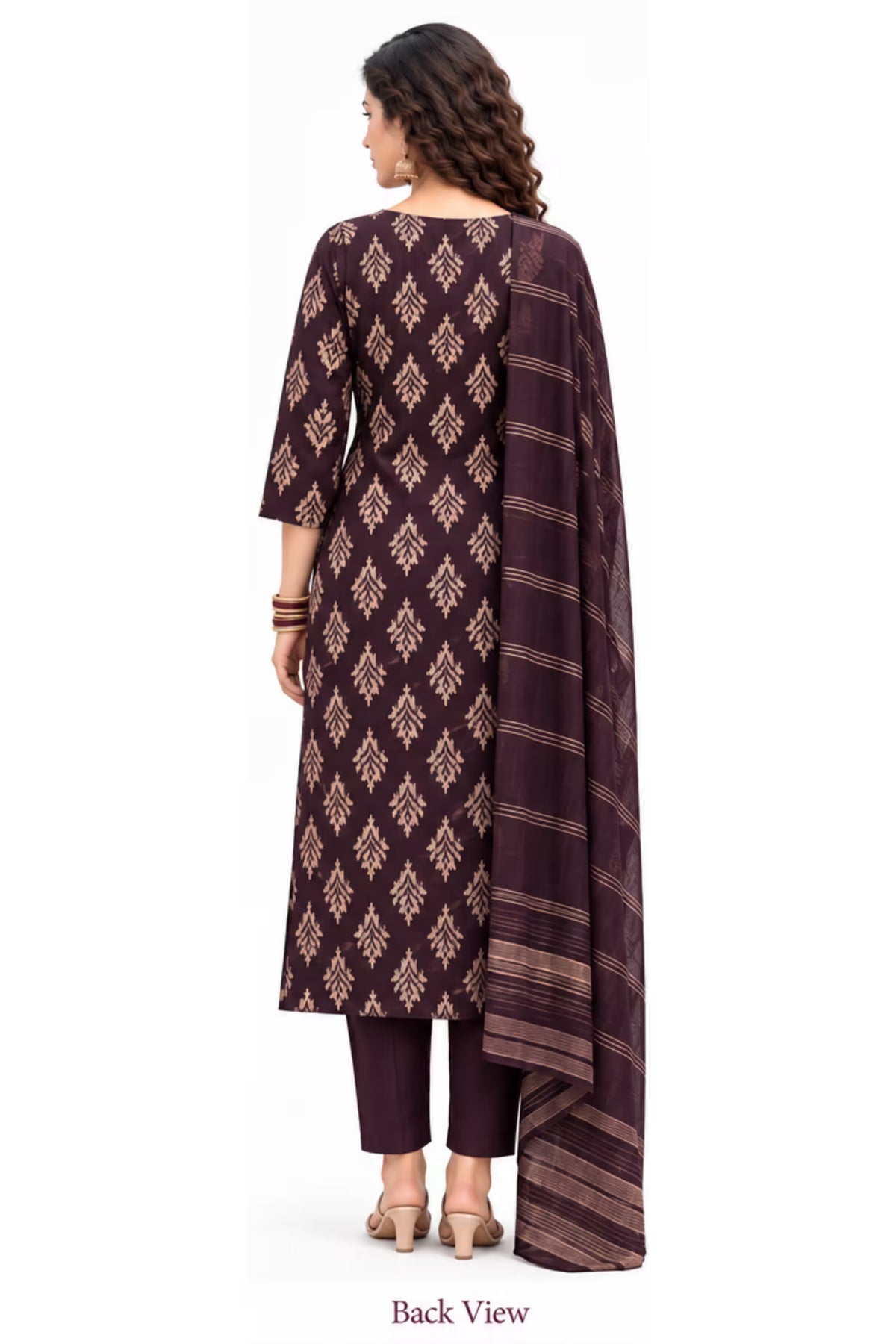 Back View - Wine Leaf Print Kurta Pant Set with Striped Dupatta for Women | Bavis Clothing