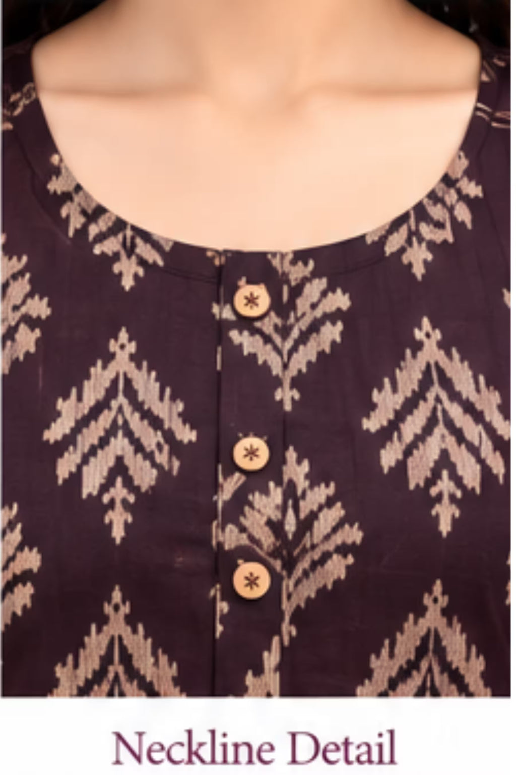 Neckline Detail - Wine Leaf Print Kurta Pant Set with Striped Dupatta for Women | Bavis Clothing