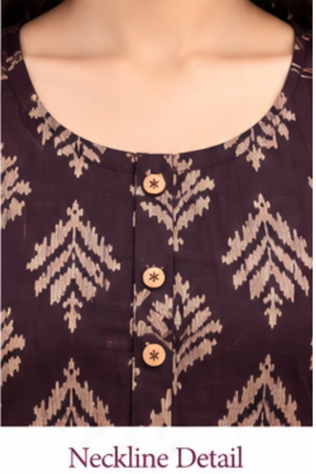Neckline Detail - Wine Leaf Print Kurta Pant Set with Striped Dupatta for Women | Bavis Clothing