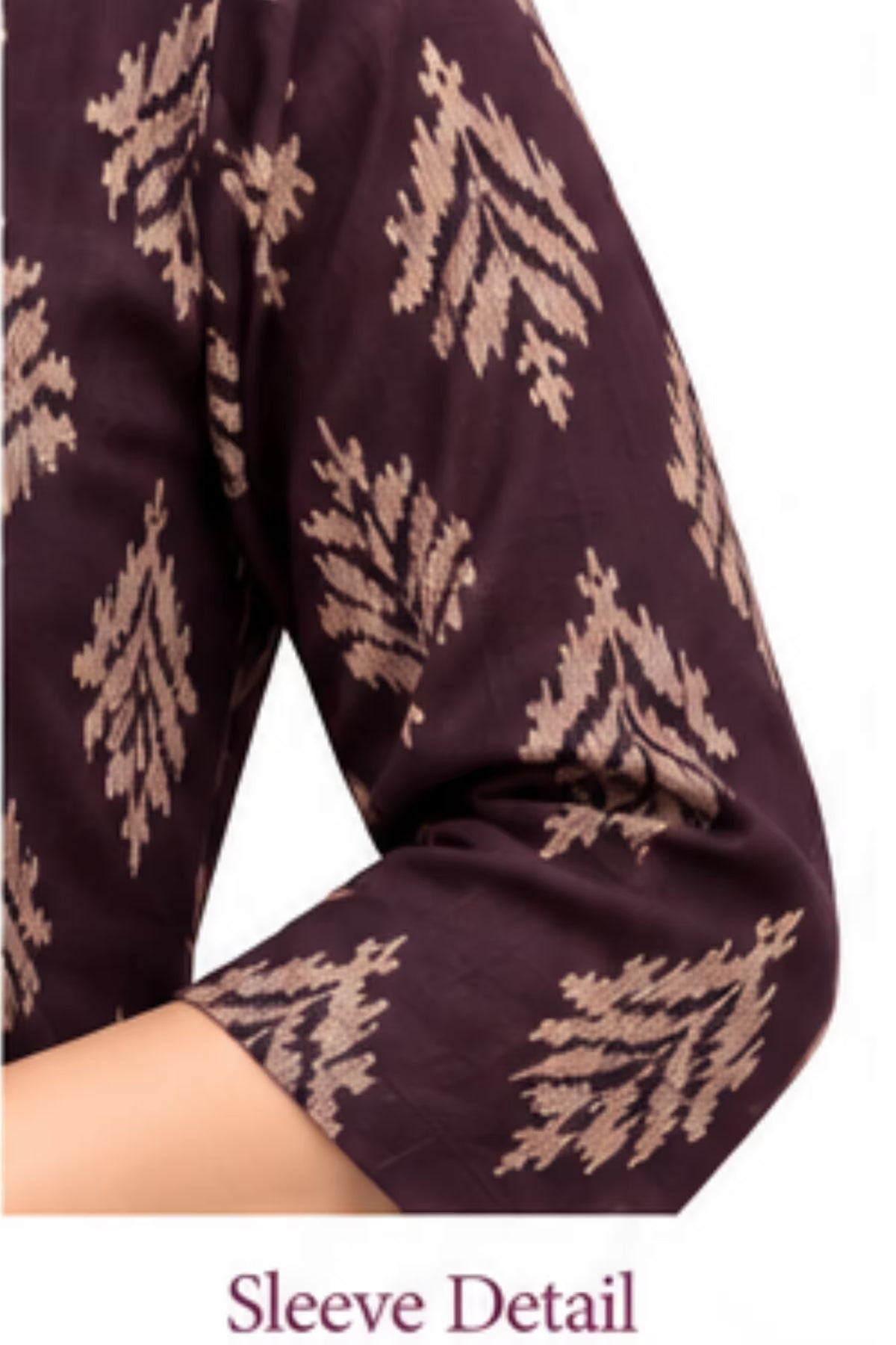 Sleeve Detail - Wine Leaf Print Kurta Pant Set with Striped Dupatta for Women | Bavis Clothing