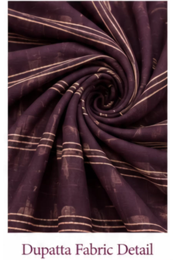 Dupatta Fabric Detail - Wine Leaf Print Kurta Pant Set with Striped Dupatta for Women | Bavis Clothing