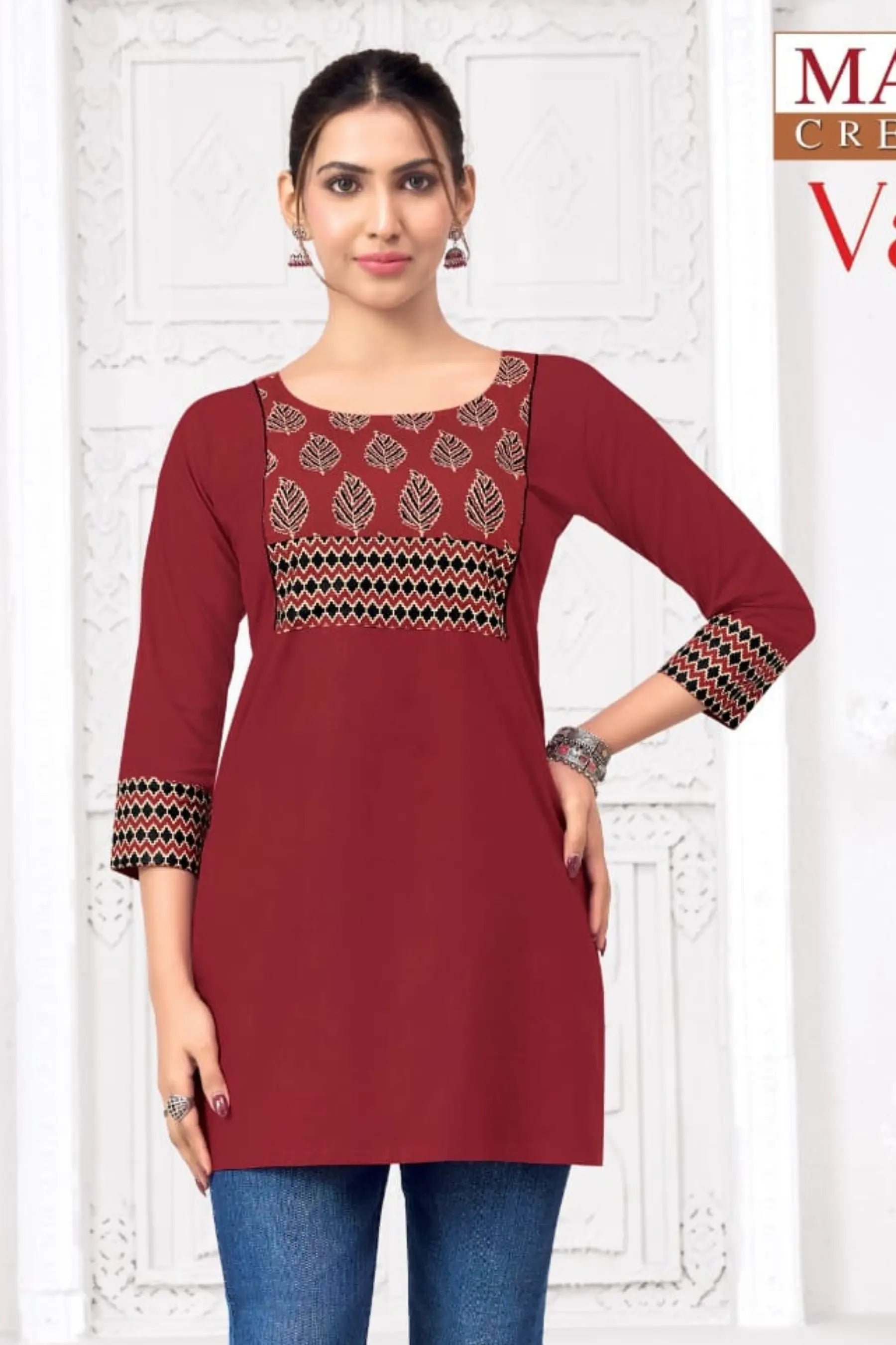 Wine Maroon Cotton Short Top with Leaf Motif Ethnic Print MV3003 Main image