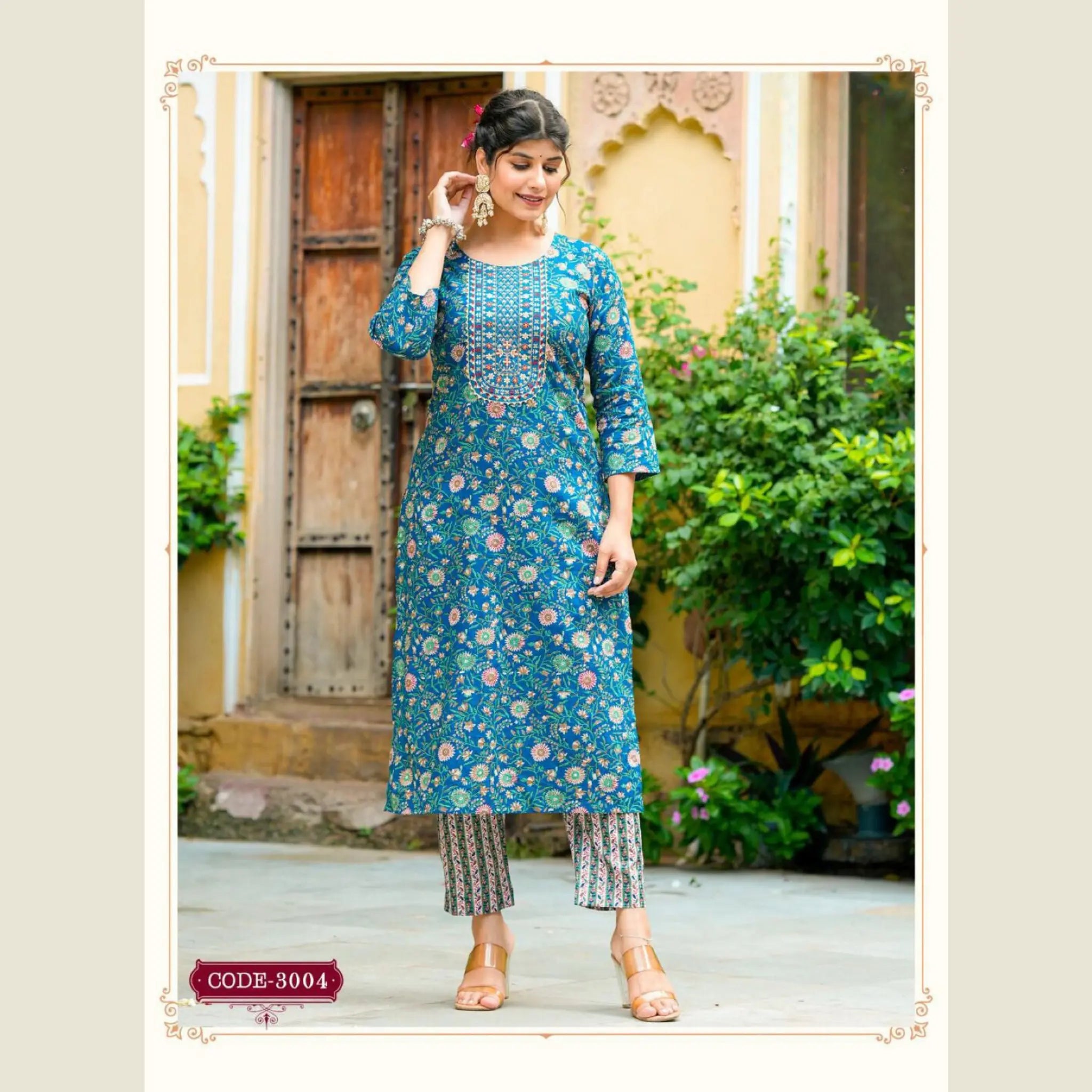 Women's Blue Floral Print Kurti with Mid Rise Straight Pant - 3004 Main image