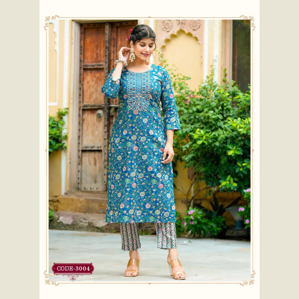 Women's Blue Floral Print Kurti with Mid Rise Straight Pant - 3004
