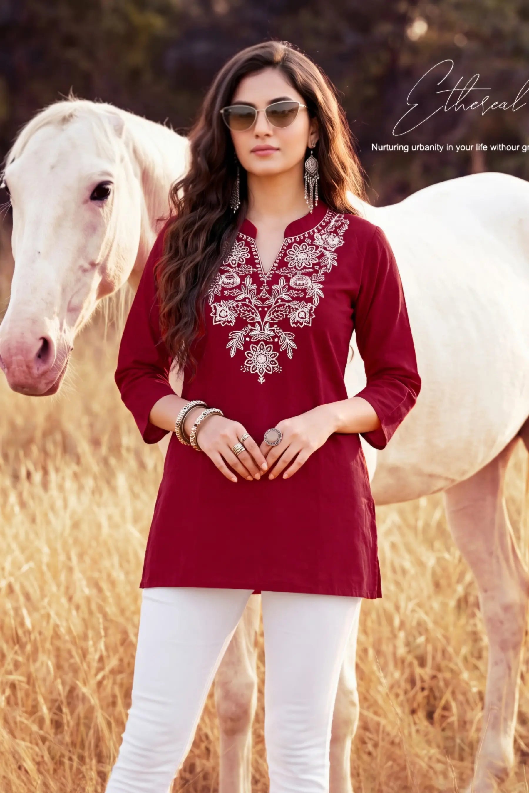 Maroon Cotton Embroidered Short Top 3/4 Sleeve Casual Ethnic Tunic Main image