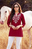 Maroon Cotton Embroidered Short Top 3/4 Sleeve Casual Ethnic Tunic