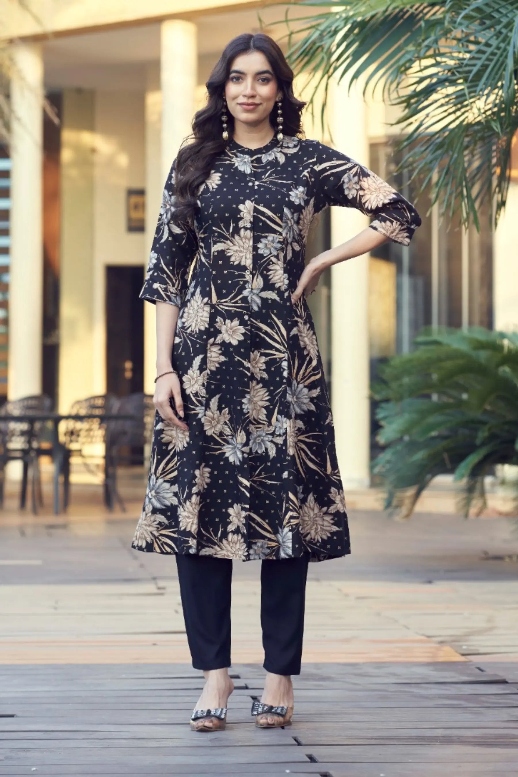 Women’s Premium Rayon A-Line Long Kurti with Foil Print & Solid Pant Set - Zheel 121 Main image