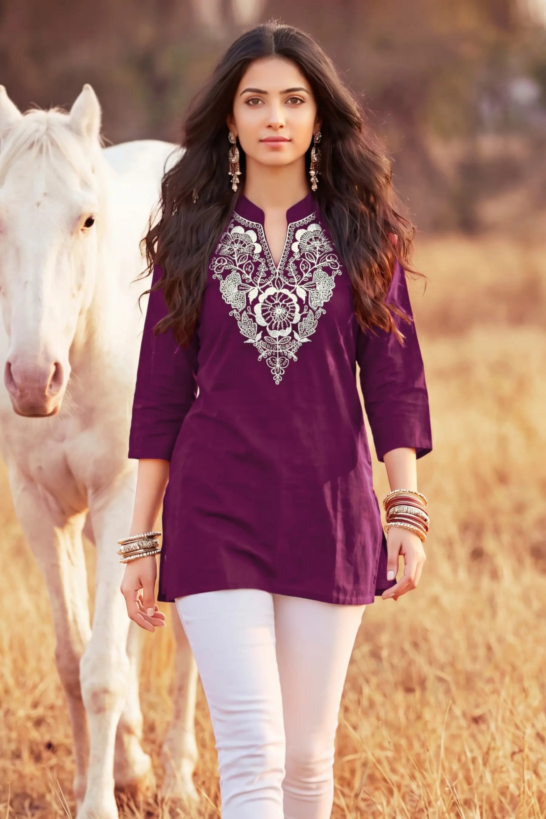 Purple Cotton Embroidered Short Top  3/4 Sleeve Casual Ethnic Tunic Main image