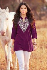 Purple Cotton Embroidered Short Top  3/4 Sleeve Casual Ethnic Tunic