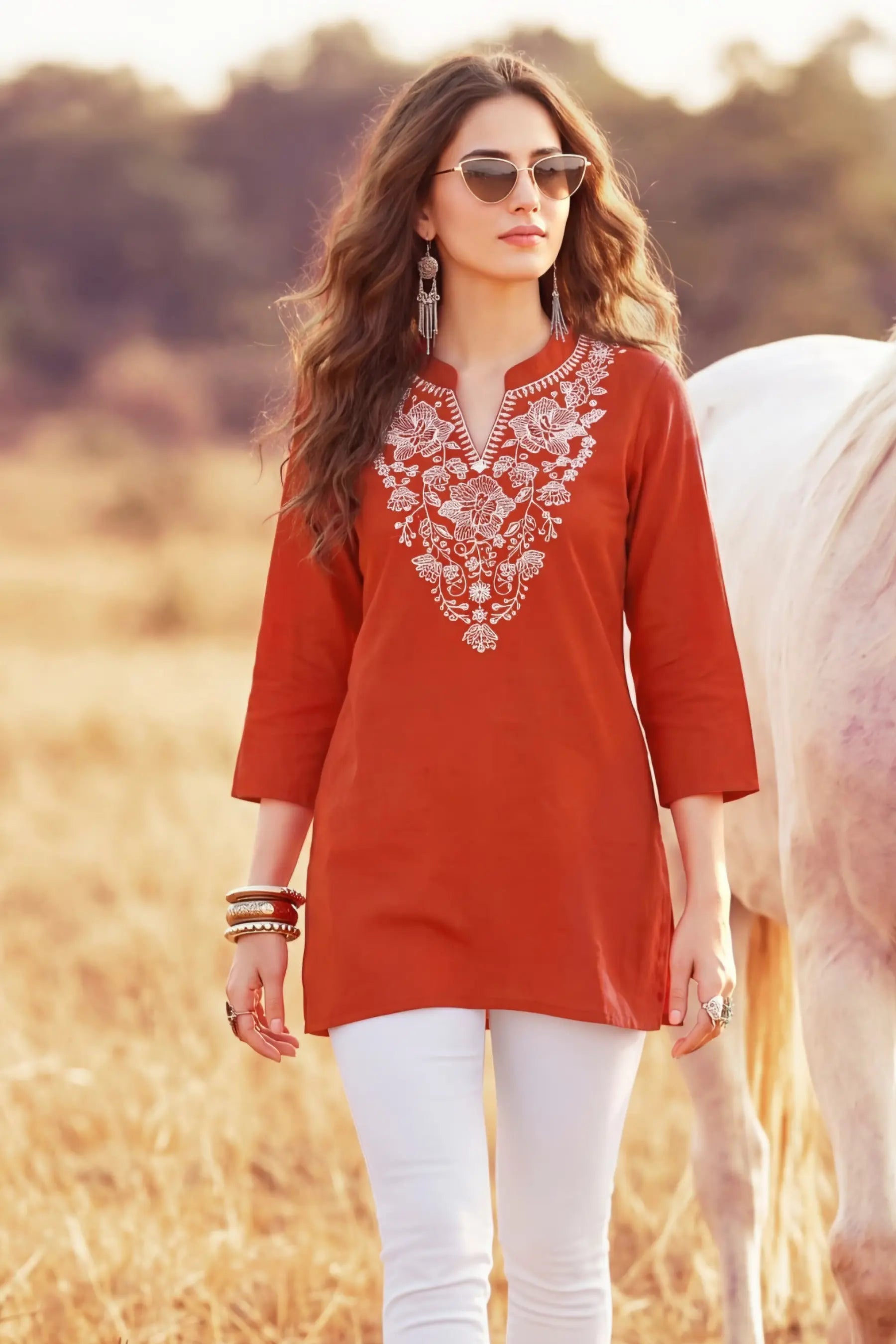 Rust Orange Cotton Embroidered Short Top 3/4 Sleeve Casual Ethnic Tunic Main image