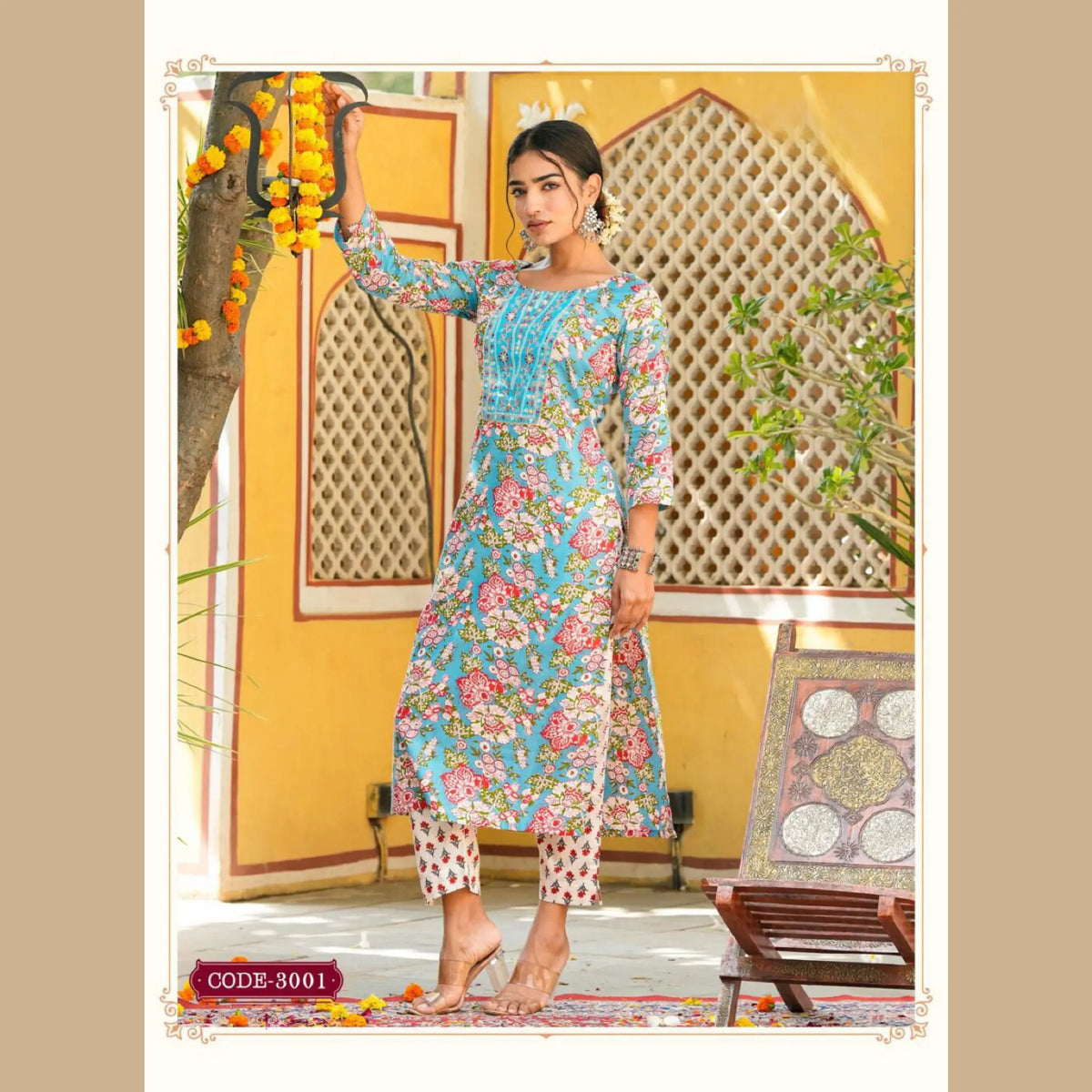 Women's Sky Blue Floral Print Kurti with Mid Rise Straight Pant