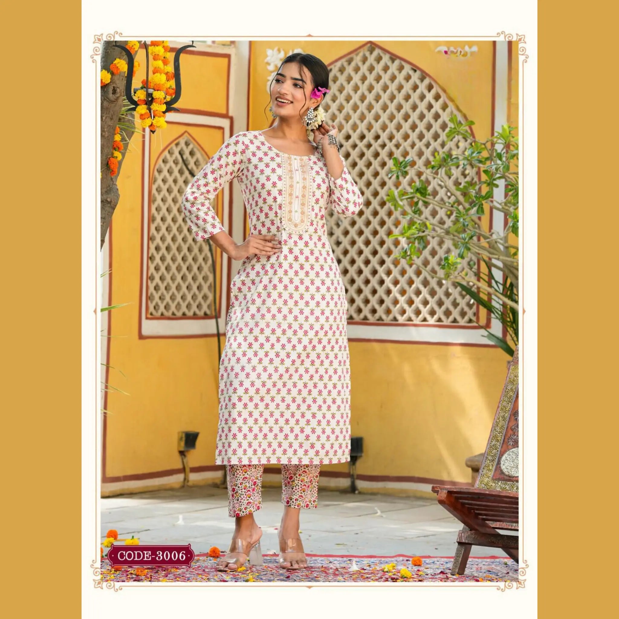 Women's Soft Peach Floral Butta Print with Mid Rise Straight Pant Main image