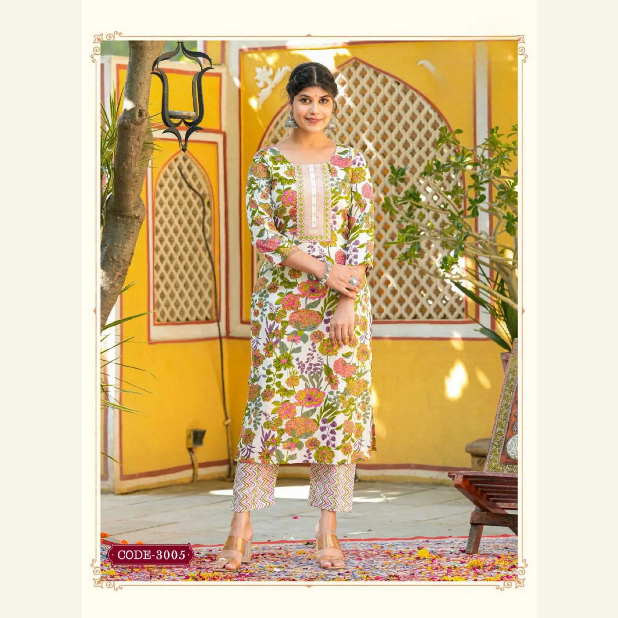 Women's Soft Peach Floral Print Kurti with Mid Rise Straight Pant - 3005 Main image