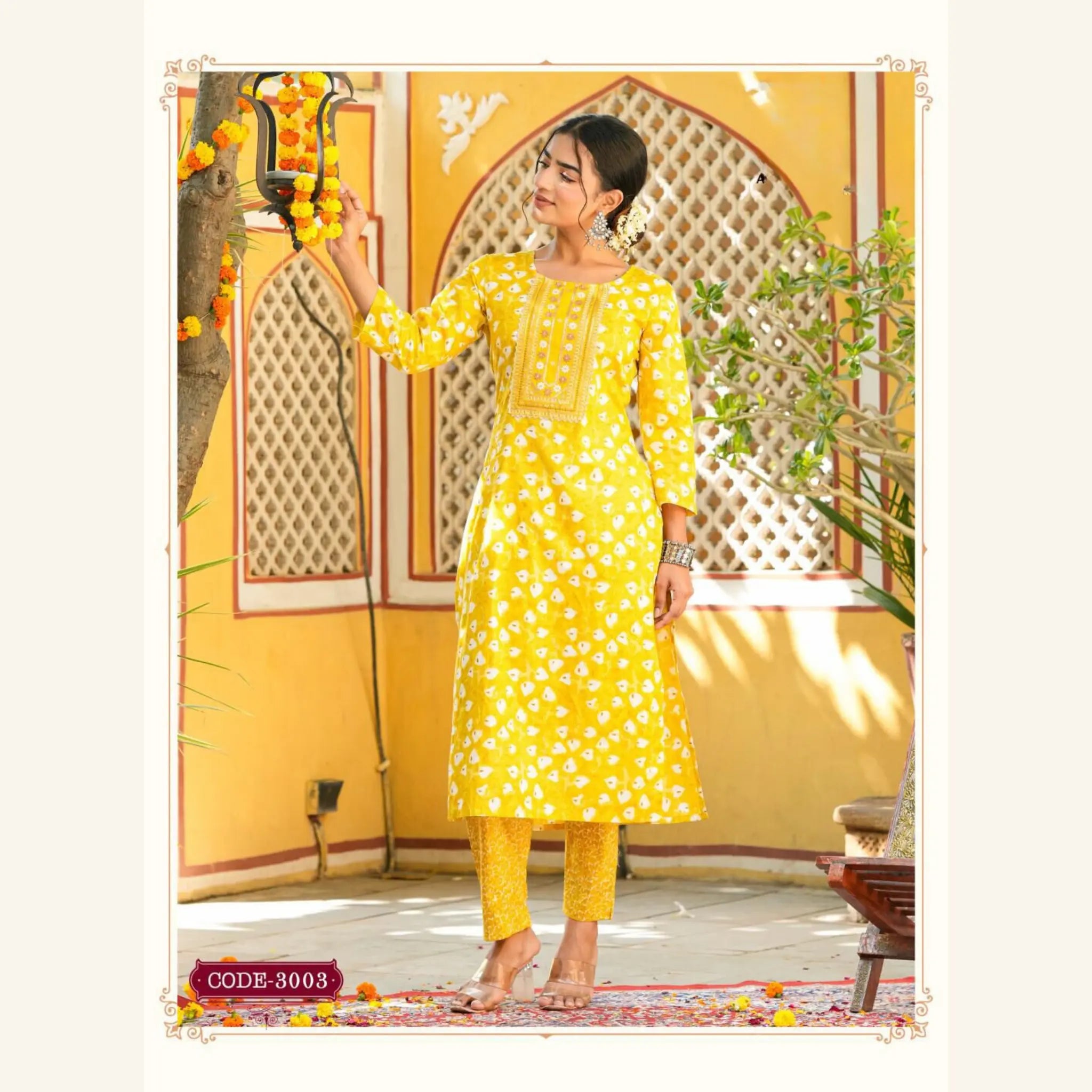Women's Yellow Printed Kurti with Mid Rise Straight Pant