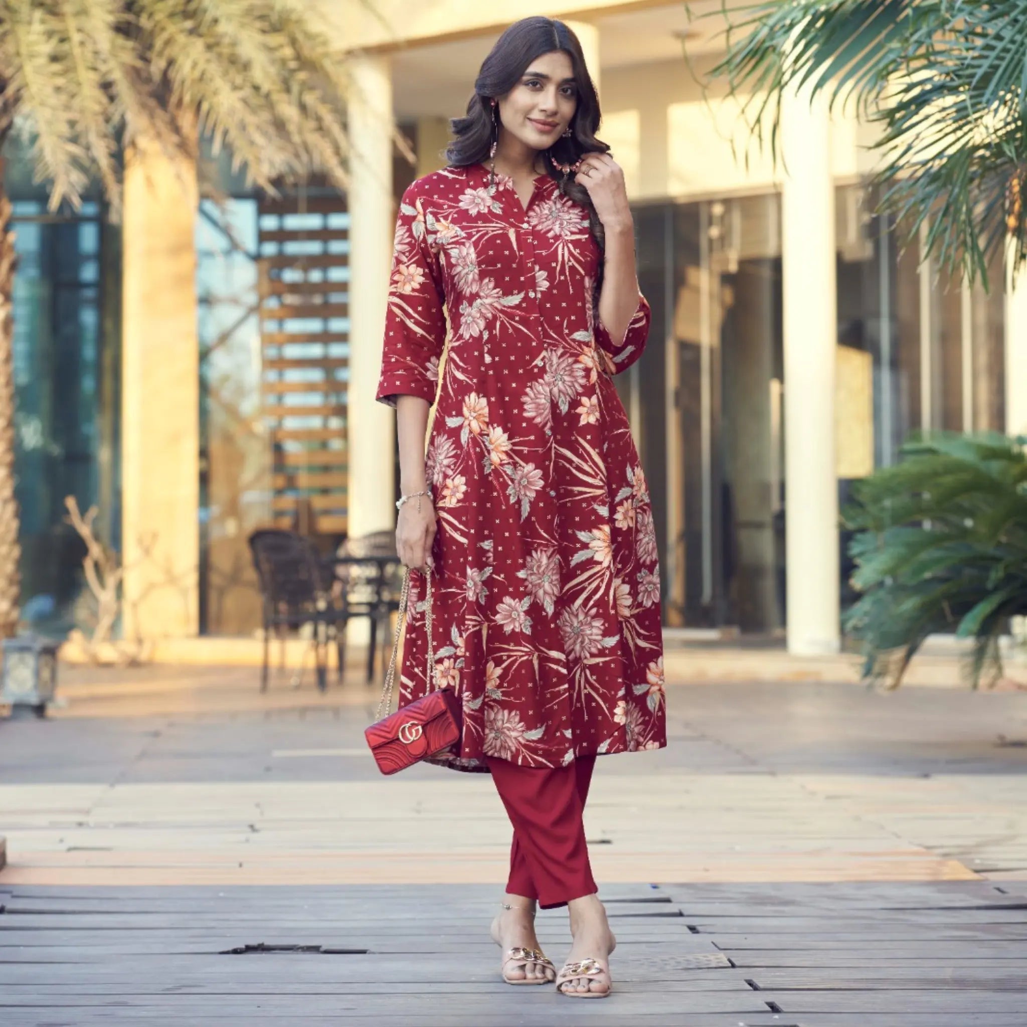 Women's Rayon Printed Long Kurti with Foil Design & Plain Pant Set - Red Floral Ethnic Wear. Main image