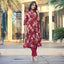 Women's Rayon Printed Long Kurti with Foil Design & Plain Pant Set - Red Floral Ethnic Wear.