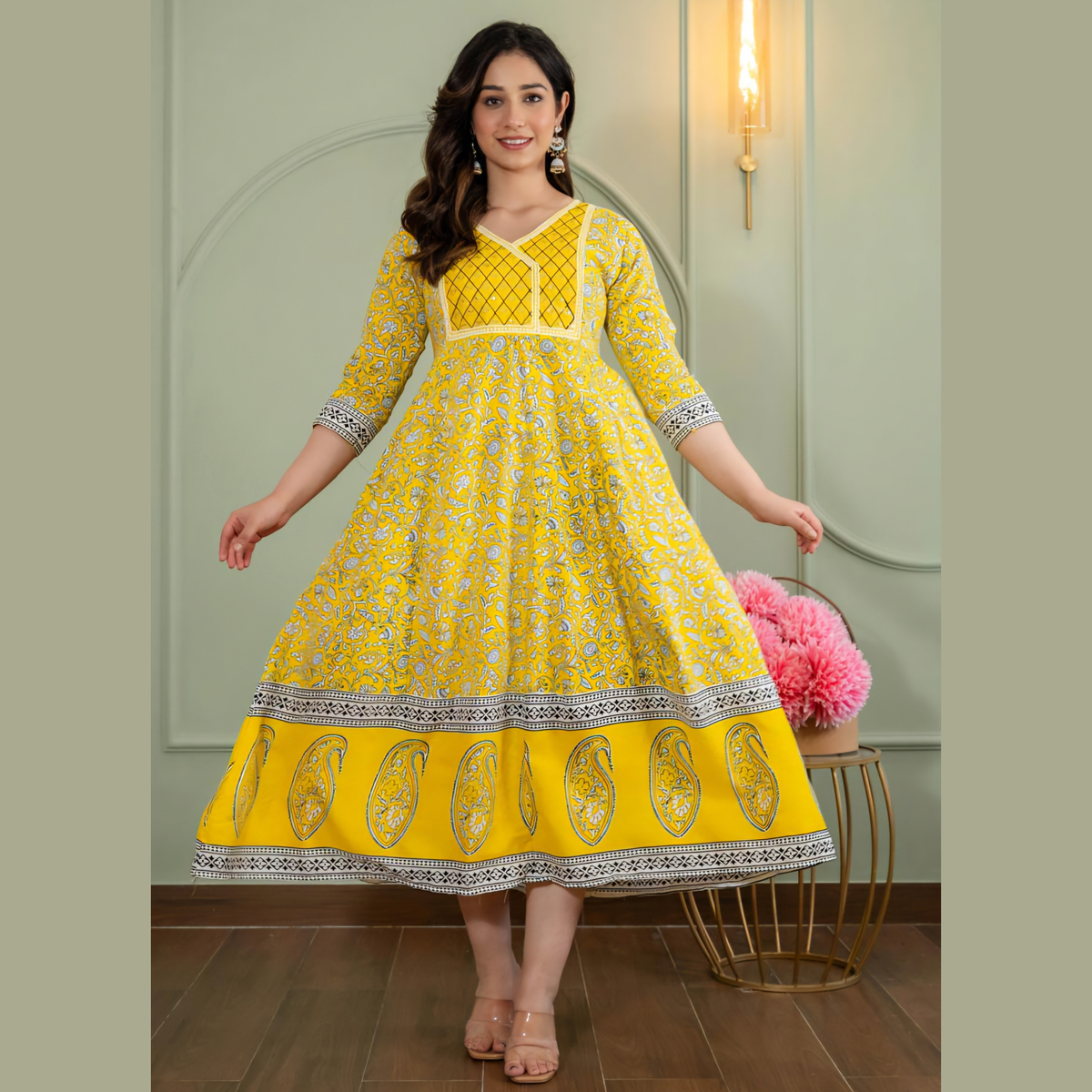 Yellow Ethnic Printed Anarkali Kurti for Women _ Traditional Motifs & Border Design