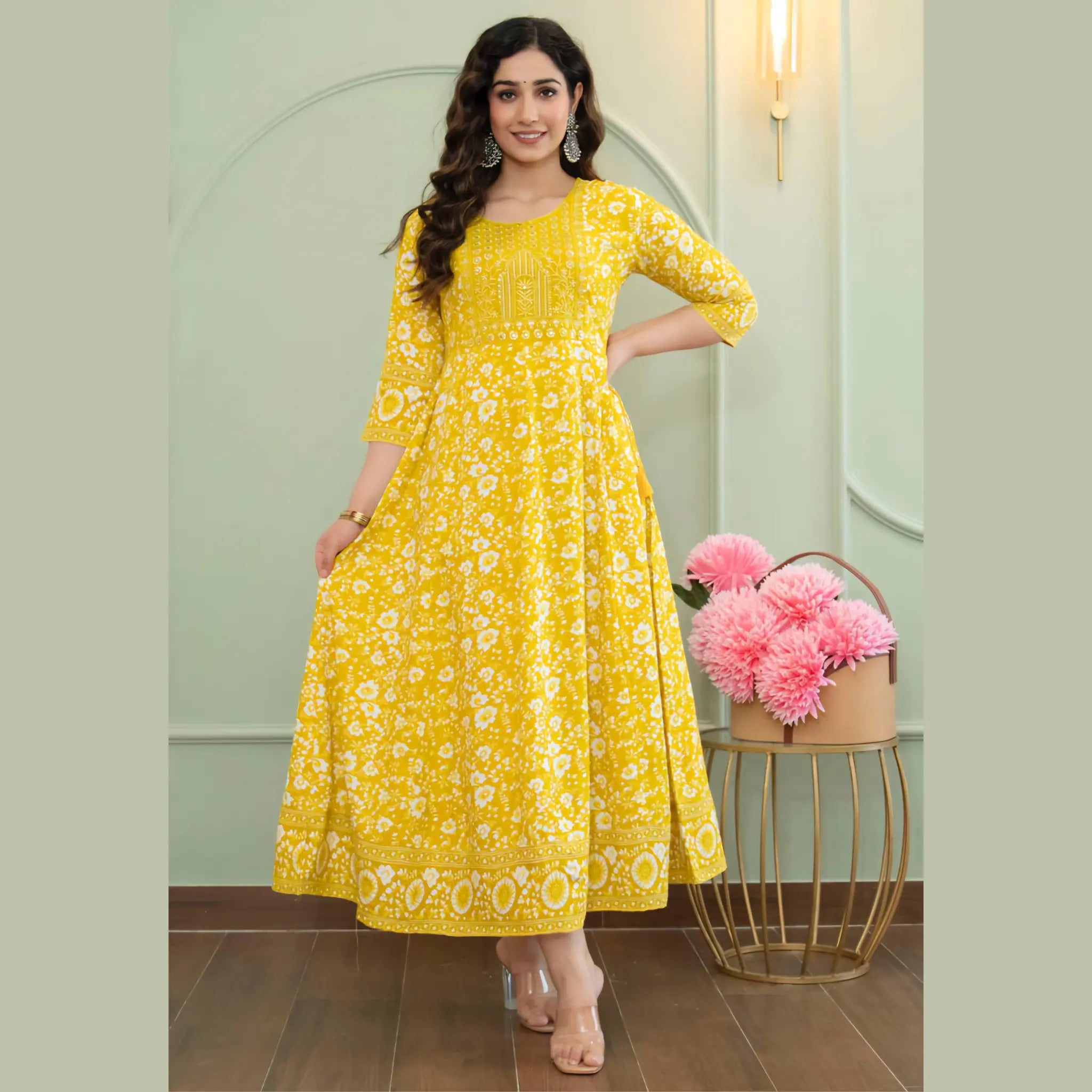 Yellow Floral Printed Anarkali Kurti for Women _ Festive Ethnic Wear