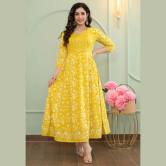 Yellow Floral Printed Anarkali Kurti for Women _ Festive Ethnic Wear