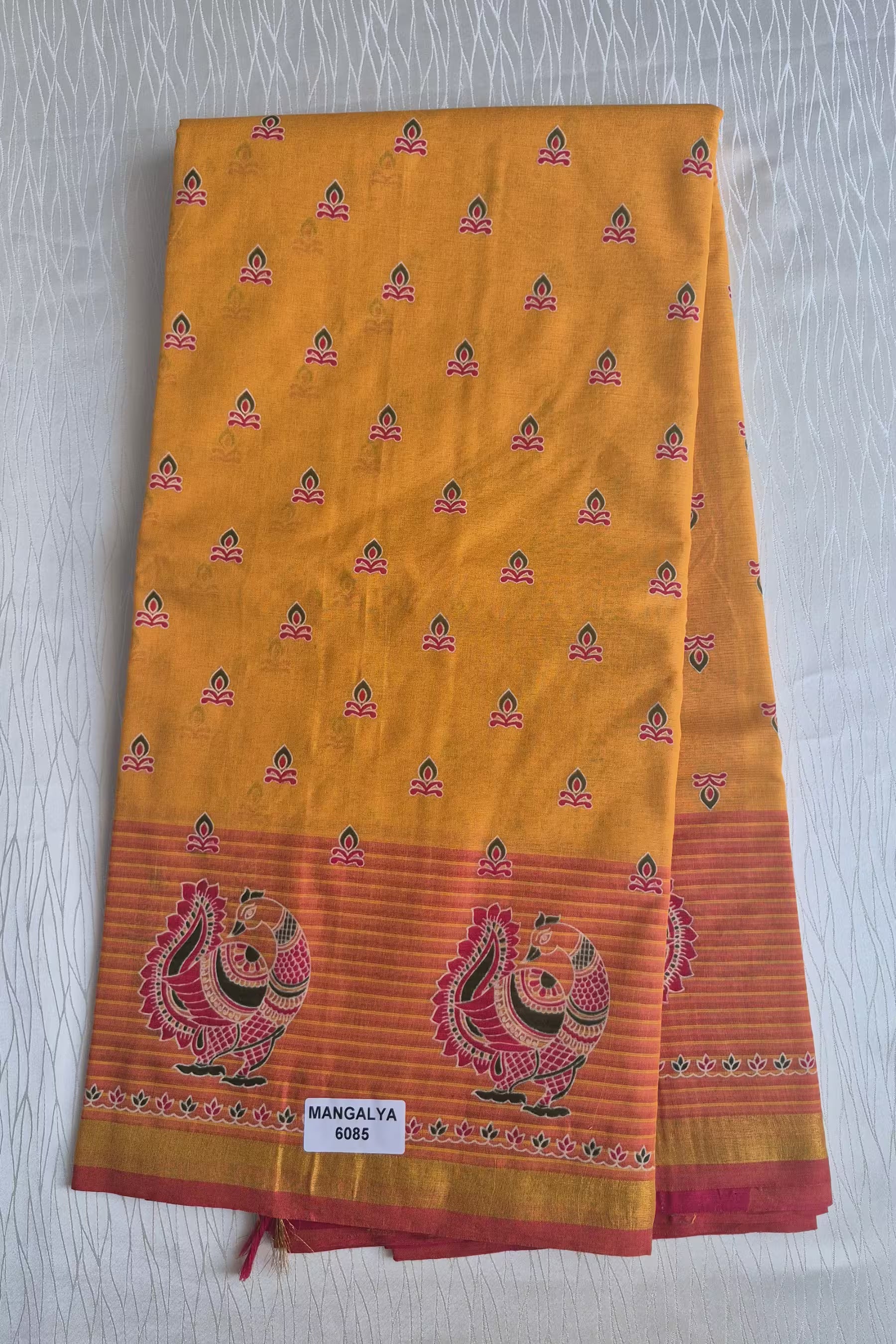 Yellow Peacock Print Cotton Saree with Plain Blouse  Soft Daily Wear Saree for Women Secondary image
