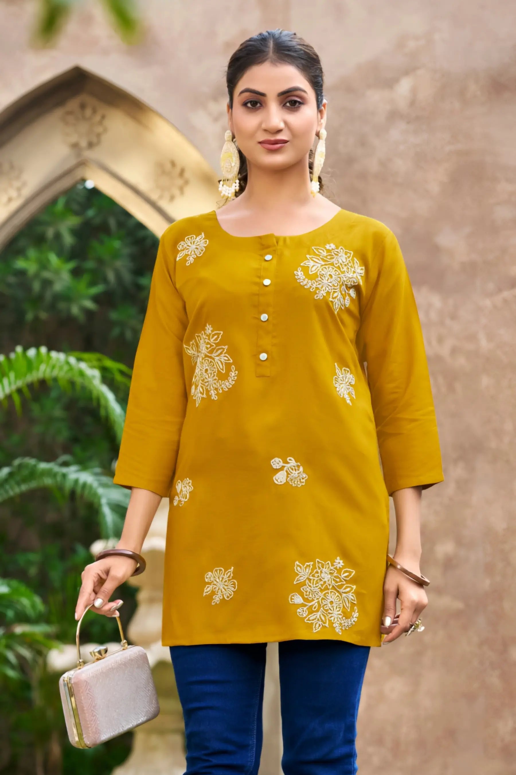 Yellow Embroidery Short Tops - Rose1003 Main image