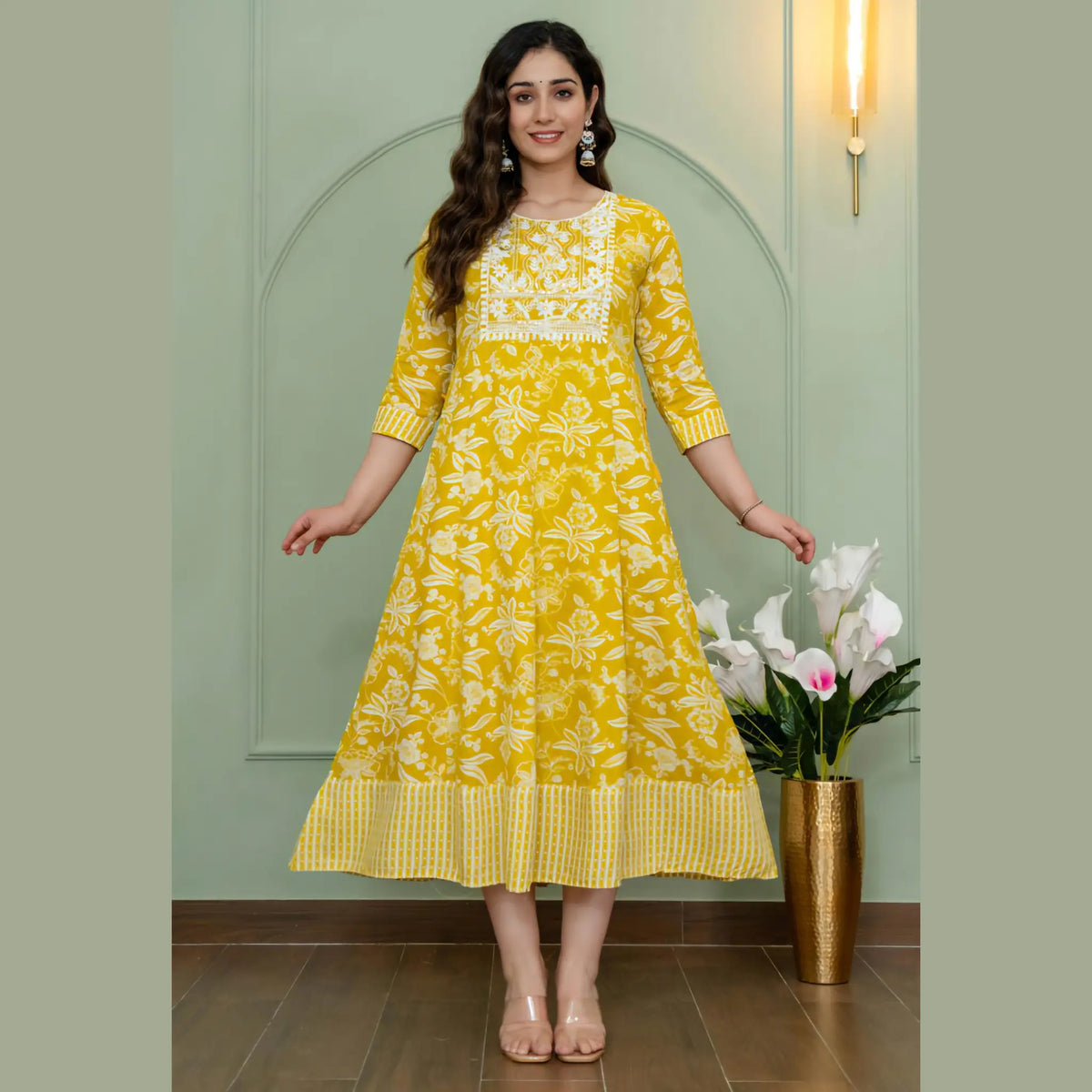 Yellow Floral Printed Anarkali Kurti for Women | Bright Festive Ethnic Style