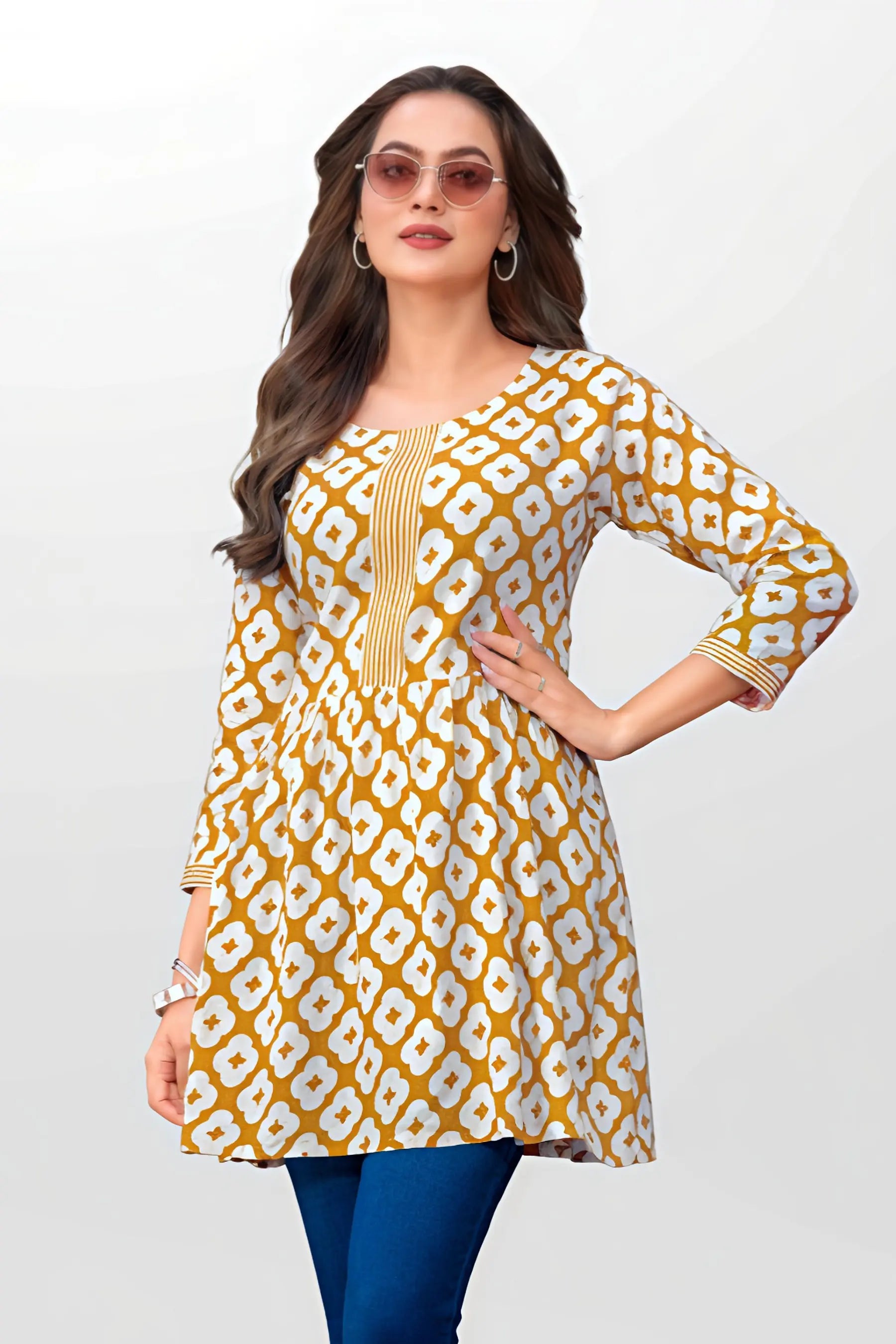 Yellow Kantha Cotton Flared Tunic Top for Women Main image