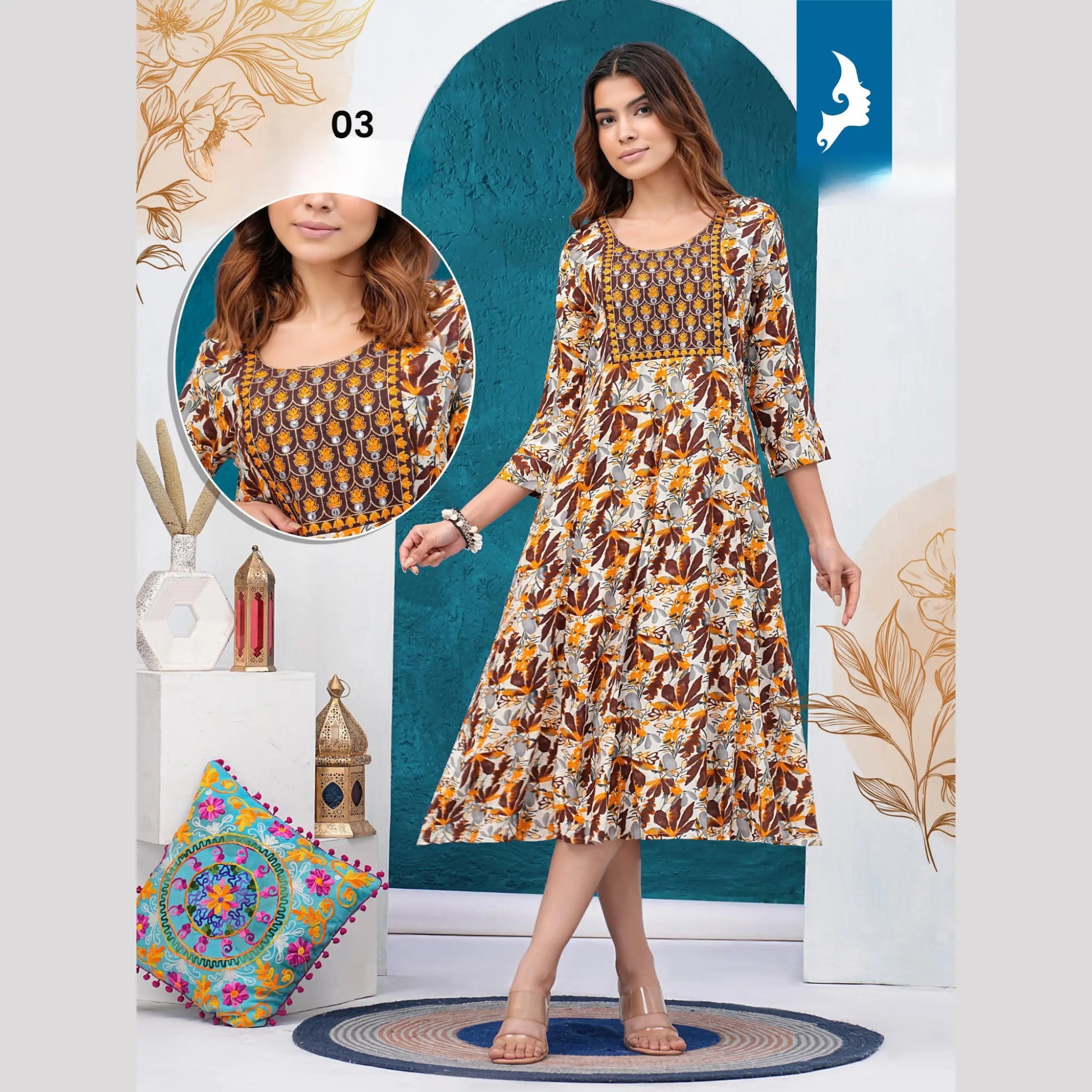 Yellow shade Reyon Print Umbrella Kurti Main image