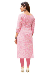 Soft Pink Floral Print Cotton Long Kurti