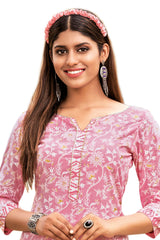 Soft Pink Floral Print Cotton Long Kurti